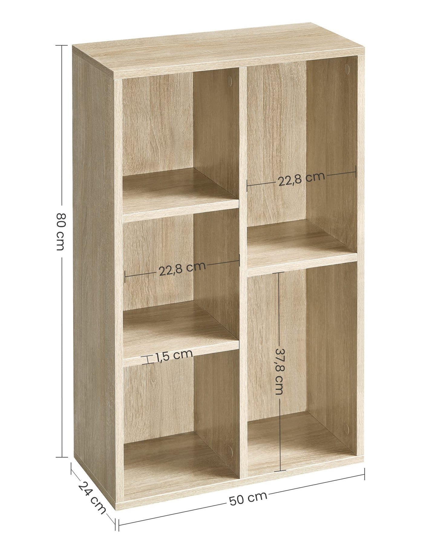Bookcase in Oak, Wooden Kids Bookshelf with 5 Compartments, 50x24x80cm Floor Standing Storage Unit for Files, Decor, in Study Children-Room, Beige, LBC25NL
