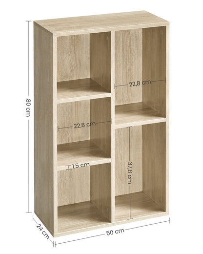 Bookcase in Oak, Wooden Kids Bookshelf with 5 Compartments, 50x24x80cm Floor Standing Storage Unit for Files, Decor, in Study Children-Room, Beige, LBC25NL