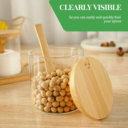 10.2 oz Condiments Container Seasoning Jars, Clear Glass Condiment Pot Set with Lids and Spoons, Tea Coffee Sugar Canisters Glass Spice Box, Refillable Seasoning Pot Bowl for Kitchen, Counter