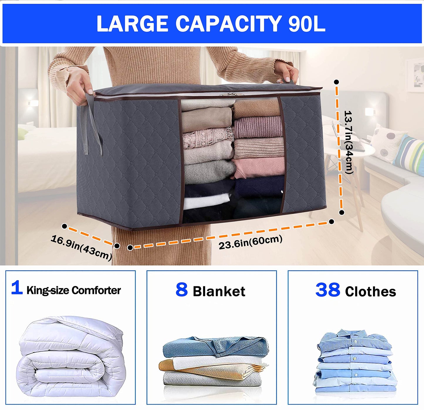 GVTECH Clothes Storage Bag Organizer, [3 Pack] Large Capacity Reinforced Handle Thick Fabric for Comforters, Blankets, Bedding, Duvet, Foldable & Sturdy Zipper, Clear Window, Under Bed Storage (Grey)