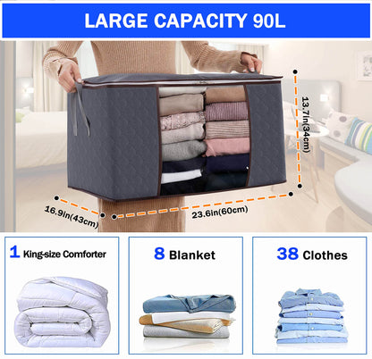 GVTECH Clothes Storage Bag Organizer, [3 Pack] Large Capacity Reinforced Handle Thick Fabric for Comforters, Blankets, Bedding, Duvet, Foldable & Sturdy Zipper, Clear Window, Under Bed Storage (Grey)