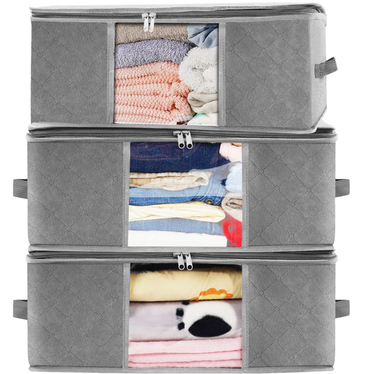LSNDEE Clothes Storage Boxes Foldable, Fabric Storage Box, Under the Bed Storage Bags with Zips, Waterproof Thick Non-woven closet Organizers, Used For Duvet Clothing, 48 x 35 x 20 cm, 3 Pack (Grey)