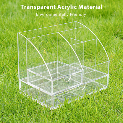 Clear Acrylic Desk Organizer with 2 Drawers, 5-Compartment Office Desktop Accessories and Stationery Caddy, Multi-Functional Pen Organizer for Home, School, and Dorm Room Use