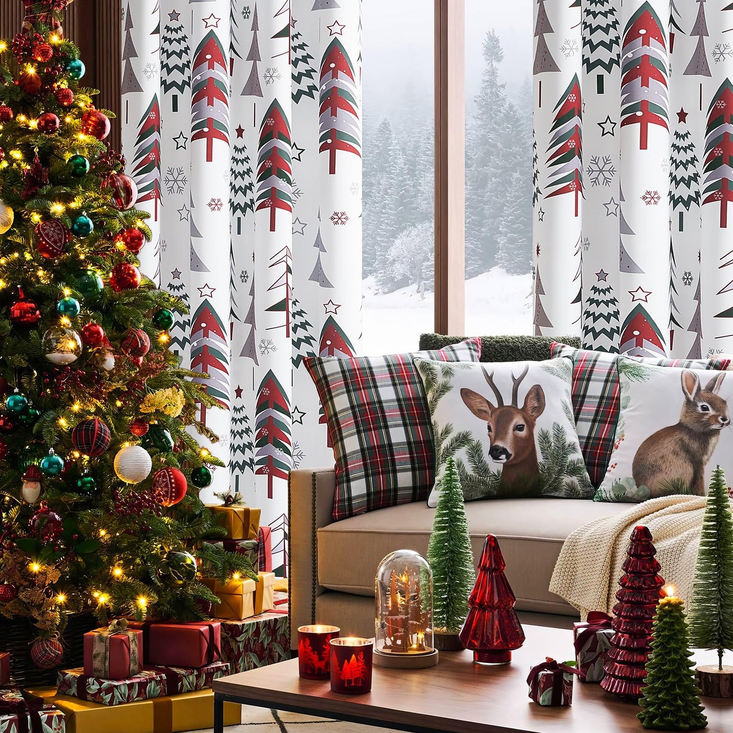 Intex Curtains House Christmas Curtains – Christmas Tree & Snowflake Print Linen Velvet for Living Room & Bedroom - Christmas Home Window Decor - Steel Grommets - 1 Piece - 135W x 230L CM