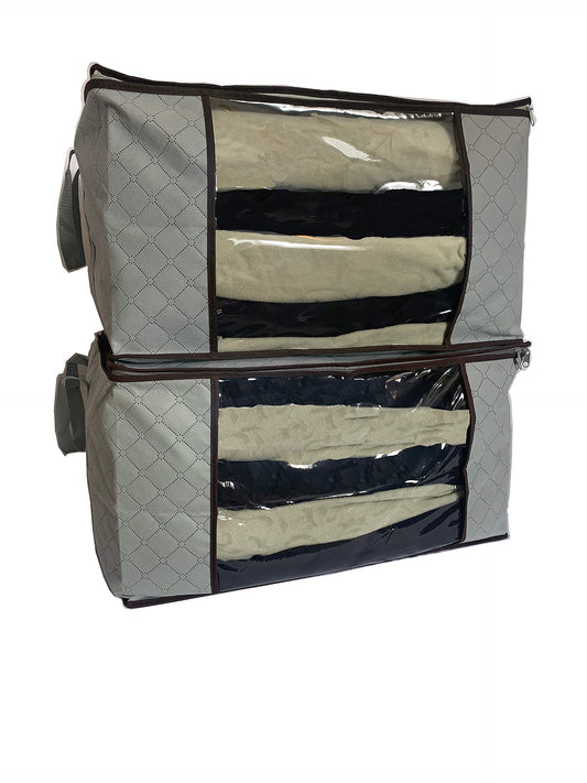2 Pack Large Capacity Closet and Under Bed Foldable Storage Bag Organizer with Reinforced Handles, 3 Layer Fabric and Double Zipper for Comforters, Bedding and Clothes (Grey-55L)