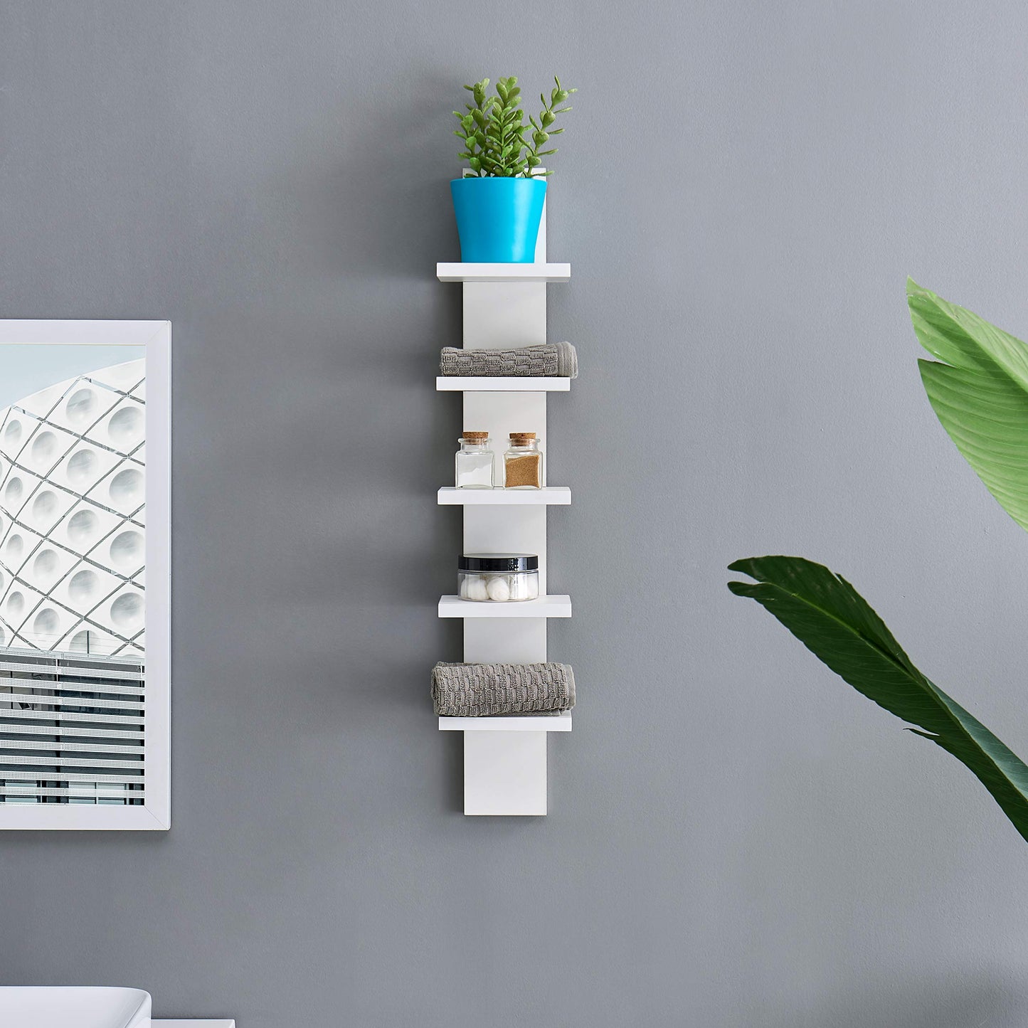 5-Tier Narrow Vertical Wall Unit, Tall Column Floating Storage Organizer and Utility Shelf for Bedroom or Living Room, Space-Saving Design in a White Laminate Finish