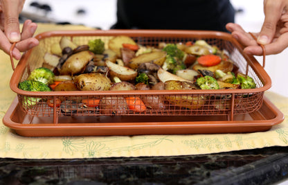 Willow & Everett Crisper Copper Baking Sheet Air Fryer - Deluxe Multi-Purpose Copper Crisper Chef Pan Sheet with Non Stick Mesh Grill Crisper Tray - Oven Safe Non-Stick Square Pan Design