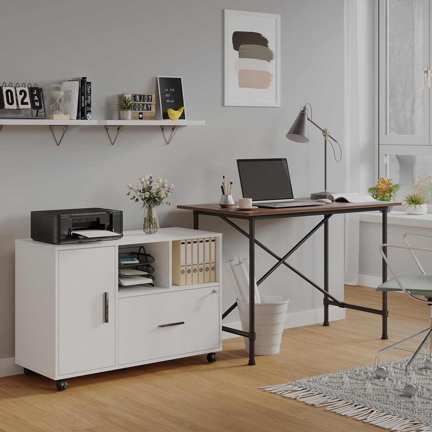 Office File Cabinet with Lock in White, 2-Drawer Mobile Pedestal with Wheels, Under-Desk Filing Cabinet for Home Office, Secure Document Storage with Key, Modern Design