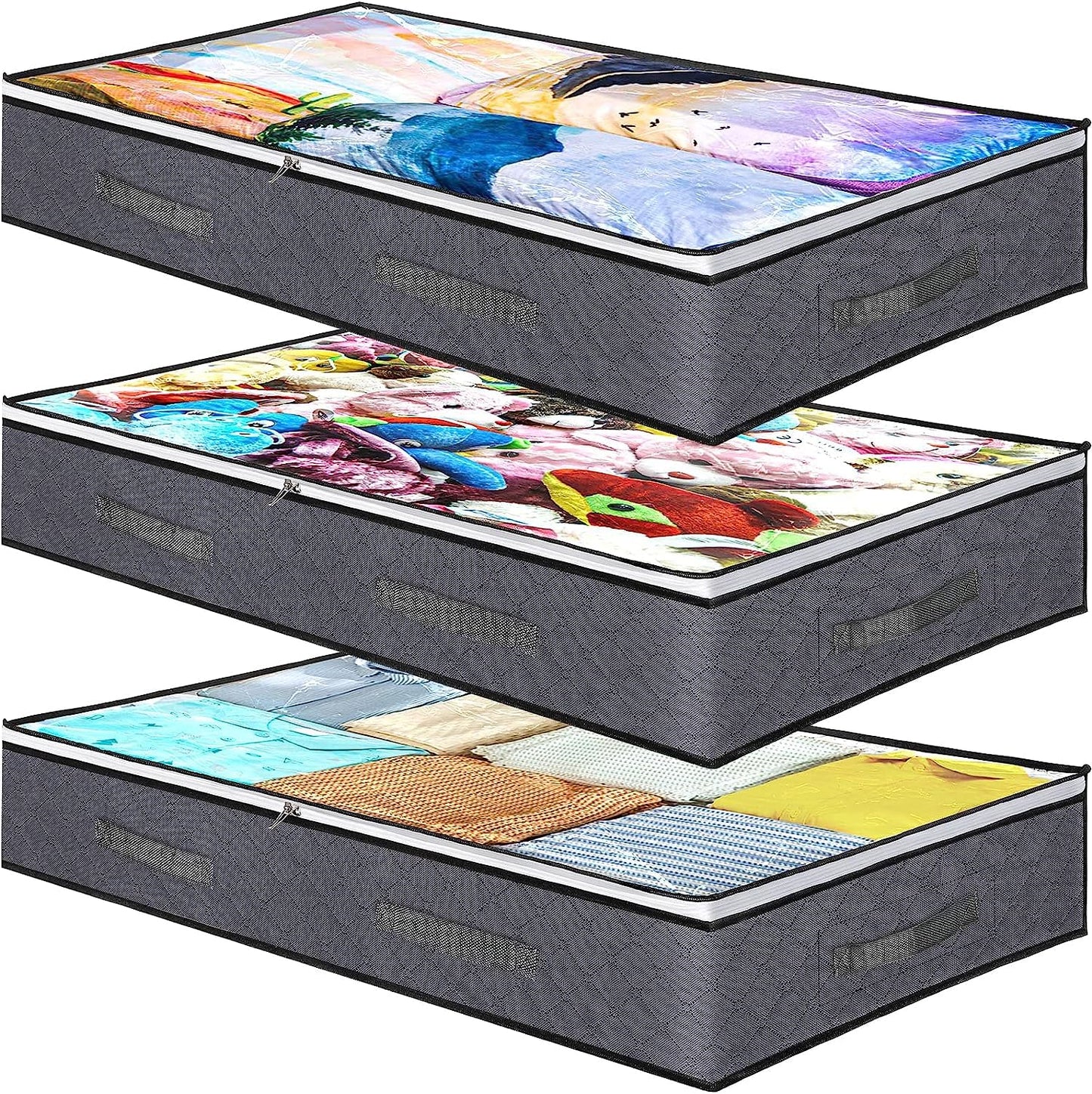 3 Pack Under Bed Storage Organizer Bags for bedroom, Large Capacity Clothing Containers, Foldable Underbed Storage Bins with Clear Window, 4 Reinforced Handles and Sturdy zipper for Blanket Toys