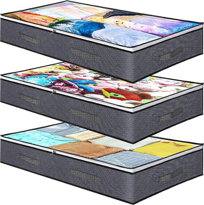 3 Pack Under Bed Storage Organizer Bags for bedroom, Large Capacity Clothing Containers, Foldable Underbed Storage Bins with Clear Window, 4 Reinforced Handles and Sturdy zipper for Blanket Toys