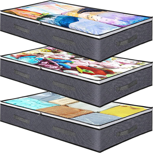 3 Pack Under Bed Storage Organizer Bags for bedroom, Large Capacity Clothing Containers, Foldable Underbed Storage Bins with Clear Window, 4 Reinforced Handles and Sturdy zipper for Blanket Toys