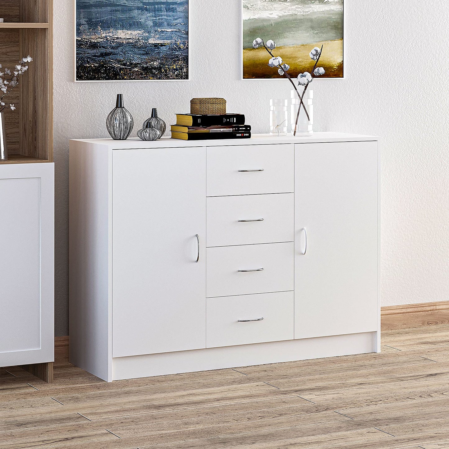 Sideboard in White, Storage Cabinet with 2 Doors and 4 Drawers, Free Standing Cupboard, Chest Organizer for Kitchen, Living Room, or Bedroom, Modern Credenza