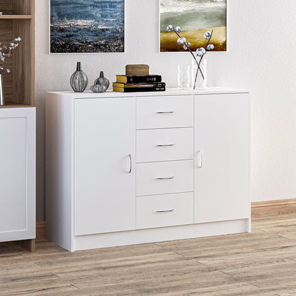 Sideboard in White, Storage Cabinet with 2 Doors and 4 Drawers, Free Standing Cupboard, Chest Organizer for Kitchen, Living Room, or Bedroom, Modern Credenza