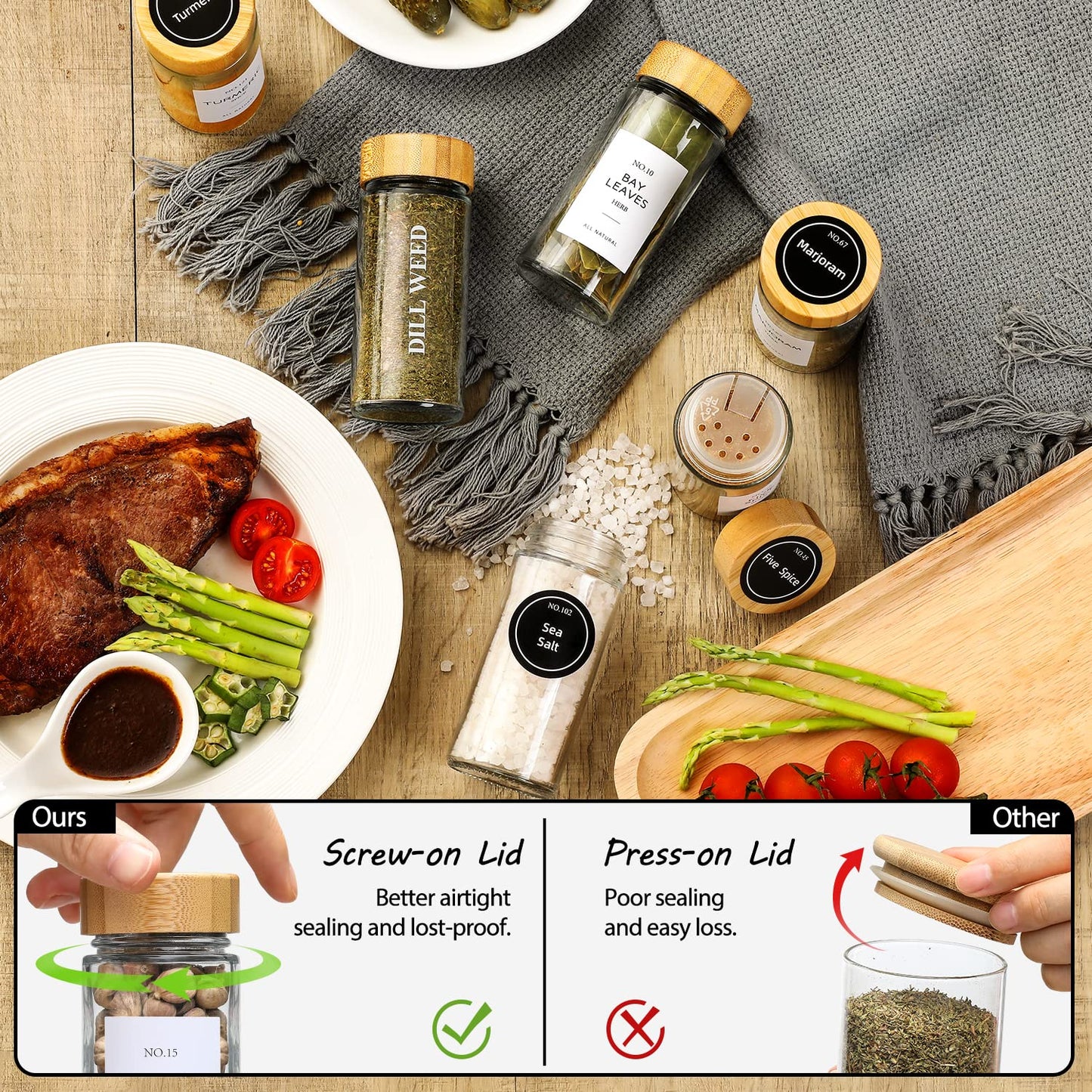 NETANY 24 Pcs Spice Jars with Bamboo Lids - 4 oz Round Glass Spice Jars with Labels, Minimalist Farmhouse Stickers, Collapsible Funnel, Seasoning Bottles for Spice Rack, Cabinet, Drawer