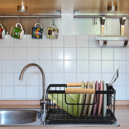 relaxdays Drainer, Cutlery Basket and Drying Tray, Kitchen Dish Rack, Plastic, Metal, Black