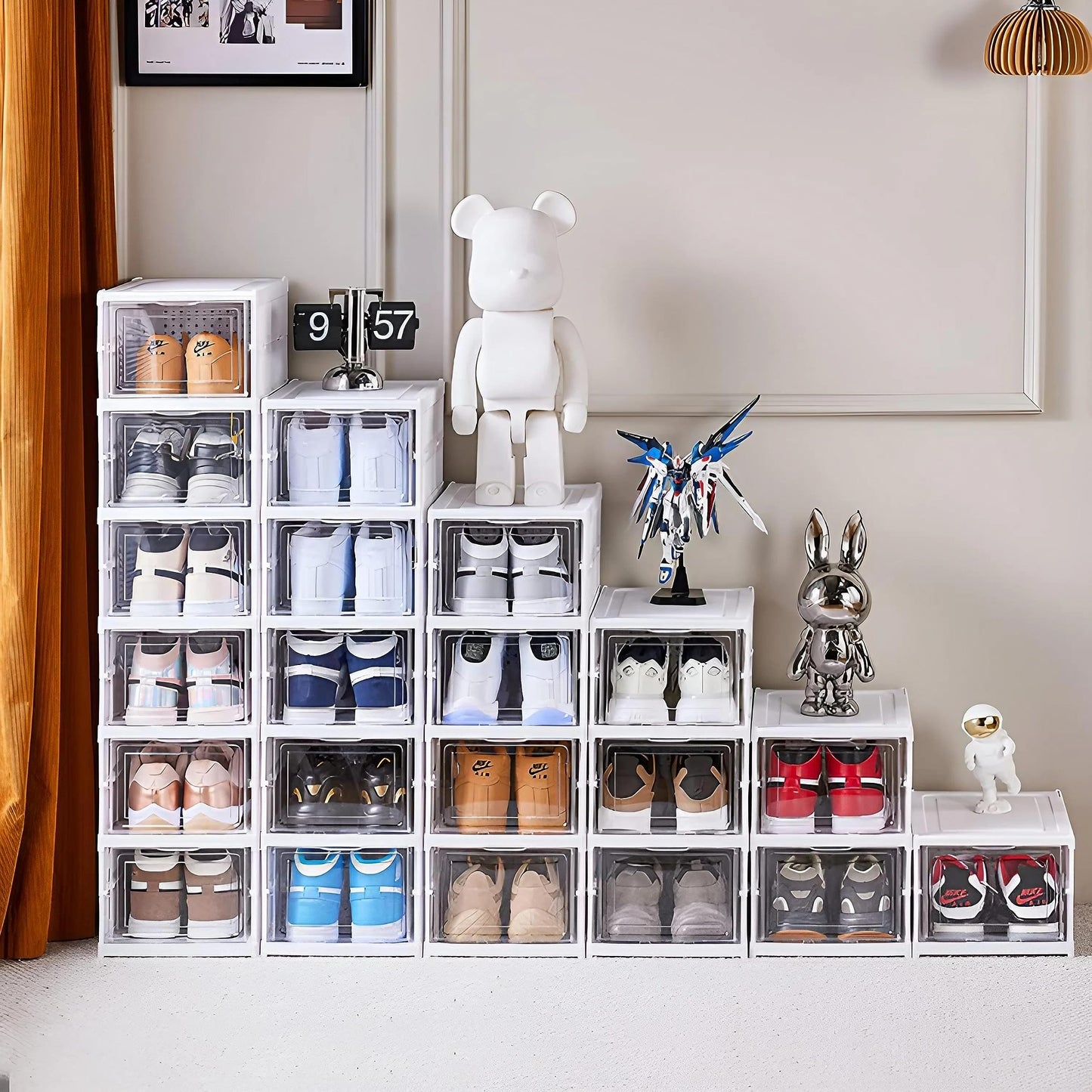 Foldable Stackable Shoe Box - Plastic Shoe Organiser with Transparent Door - Space Saving Freestanding Shoe Rack with Lid Plastic Shoe Stand Shoe Box, White Set of 6 Levels