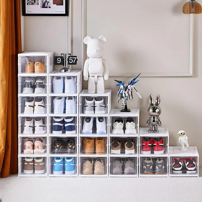Foldable Stackable Shoe Box - Plastic Shoe Organiser with Transparent Door - Space Saving Freestanding Shoe Rack with Lid Plastic Shoe Stand Shoe Box, White Set of 6 Levels