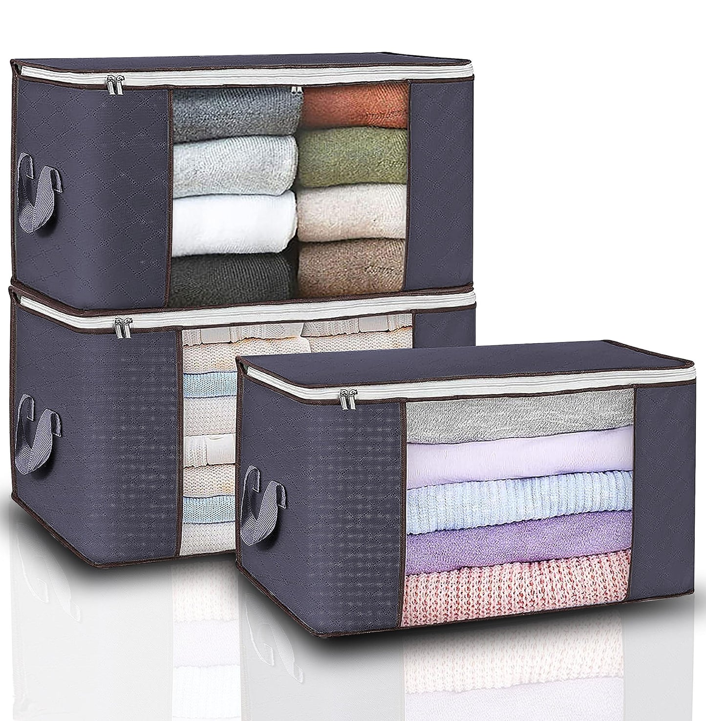 GVTECH Clothes Storage Bag Organizer, [3 Pack] Large Capacity Reinforced Handle Thick Fabric for Comforters, Blankets, Bedding, Duvet, Foldable & Sturdy Zipper, Clear Window, Under Bed Storage (Grey)