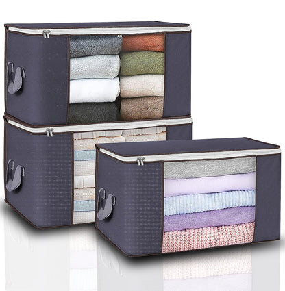 GVTECH Clothes Storage Bag Organizer, [3 Pack] Large Capacity Reinforced Handle Thick Fabric for Comforters, Blankets, Bedding, Duvet, Foldable & Sturdy Zipper, Clear Window, Under Bed Storage (Grey)