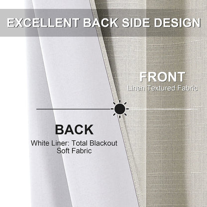 Linen 100% Blackout Curtains for Bedroom Living Room Thermal Insulated Fabric -Room Darkening -Steel Grommet Window Curtains -1 Piece