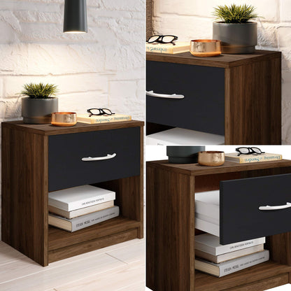 Bedside Table, a Compact Nightstand with an industriaLrustic Design, in Columbia Walnut and Black, measuring W28 X H39 X D41 cm