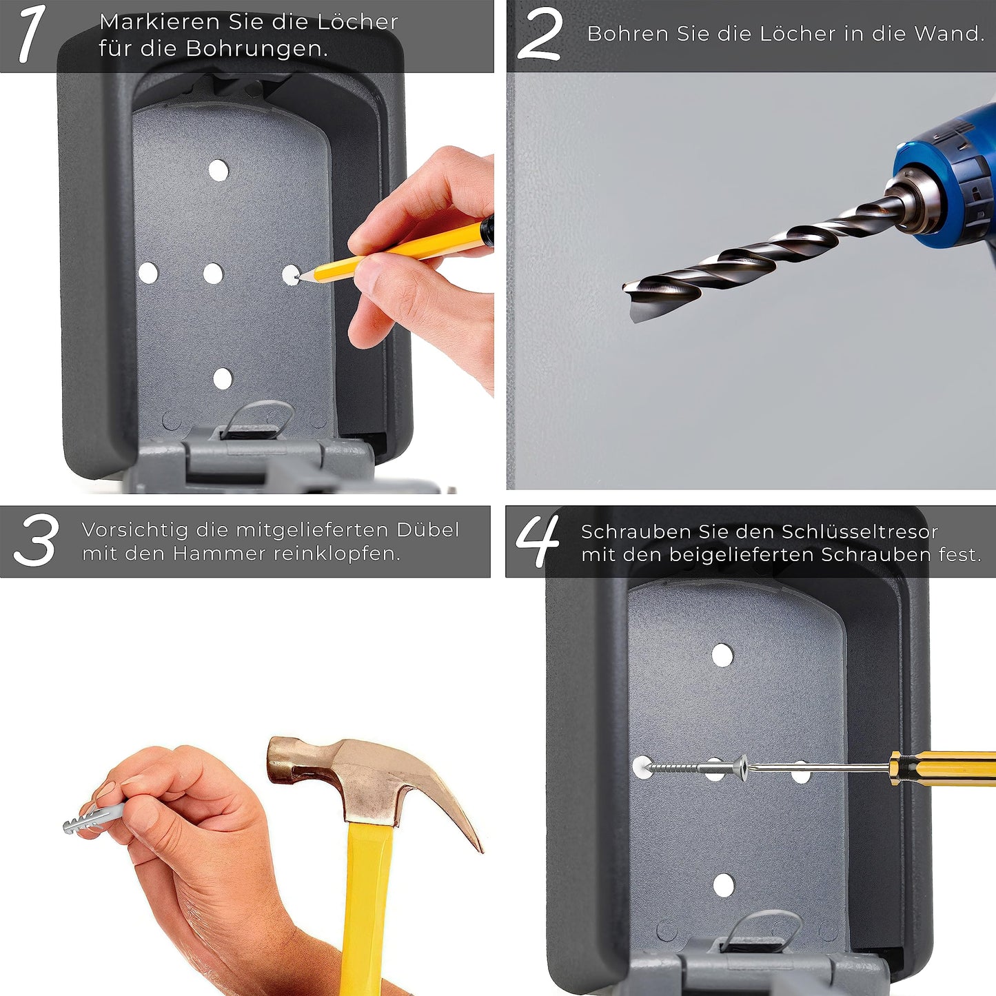 WERKGUT® Key Safe with Number Code (4 Digits) | Secure Key Safe for Storing Keys | Weatherproof Key Box with Code for Outdoor and Indoor Wall Mounting (Silver)