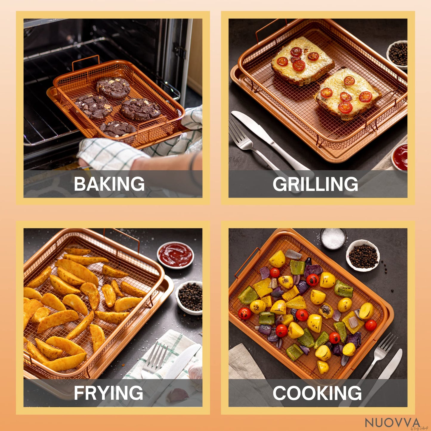 nuovva Copper Crisper Tray Non-Stick Oven Baking Tray with Elevated Mesh Crisping Grill Basket 2 Piece Set –
