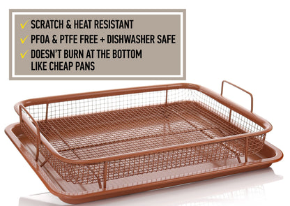 Willow & Everett Crisper Copper Baking Sheet Air Fryer - Deluxe Multi-Purpose Copper Crisper Chef Pan Sheet with Non Stick Mesh Grill Crisper Tray - Oven Safe Non-Stick Square Pan Design