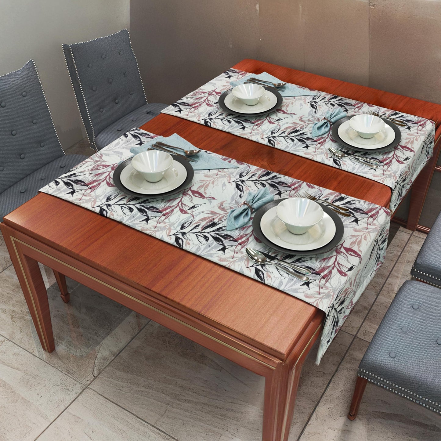 INtex HOME Linen Velvet Table Runner, 45 x 130 cm, Modern Leaves Design, Elegant Rectangular Tablecloth for Dining, Living Room and Kitchen, Soft, Durable - Café x Brown - Single Piece