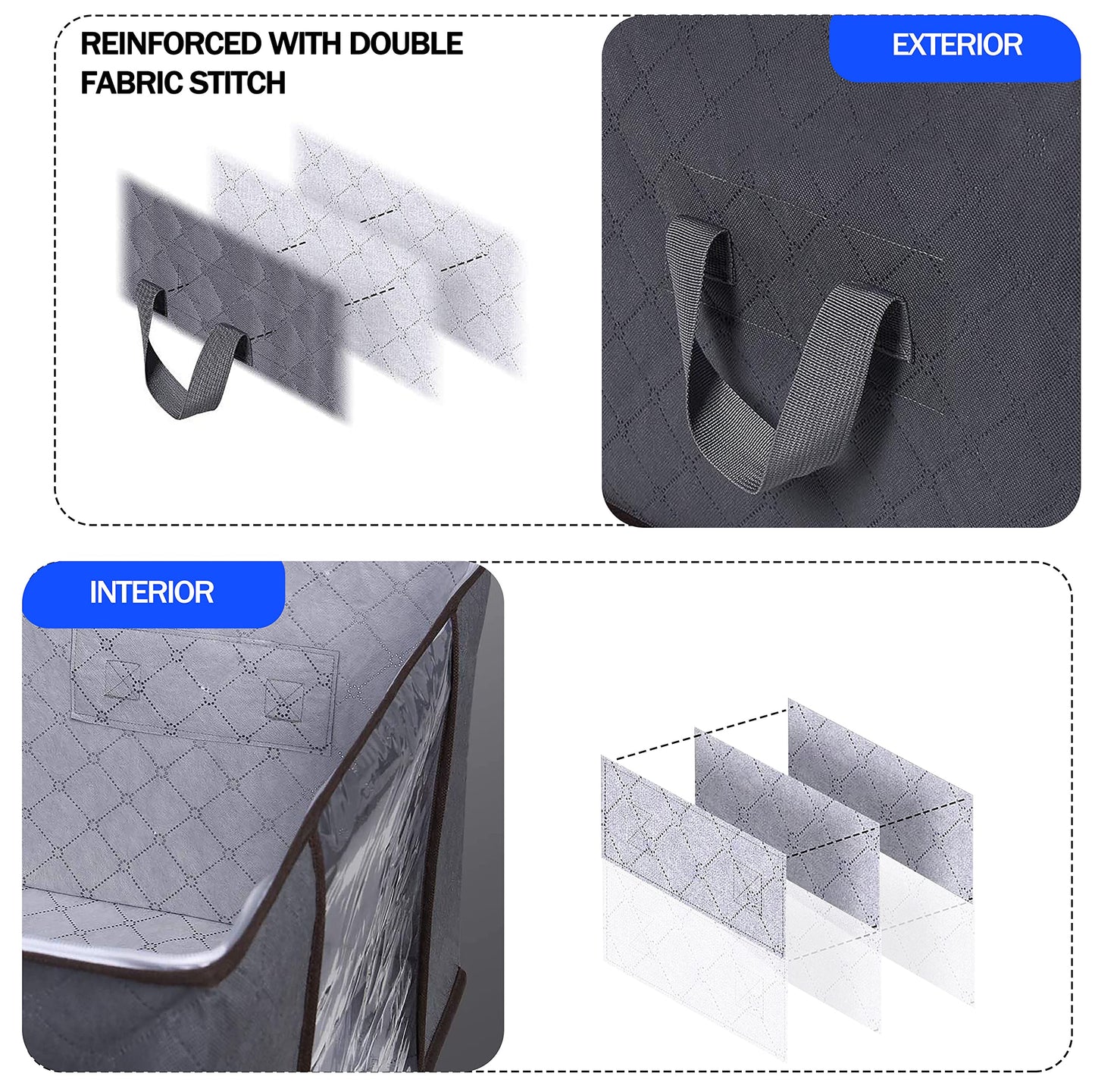 GVTECH Clothes Storage Bag Organizer, [3 Pack] Large Capacity Reinforced Handle Thick Fabric for Comforters, Blankets, Bedding, Duvet, Foldable & Sturdy Zipper, Clear Window, Under Bed Storage (Grey)