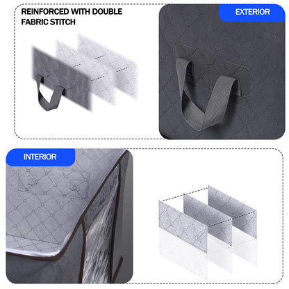 GVTECH Clothes Storage Bag Organizer, [3 Pack] Large Capacity Reinforced Handle Thick Fabric for Comforters, Blankets, Bedding, Duvet, Foldable & Sturdy Zipper, Clear Window, Under Bed Storage (Grey)