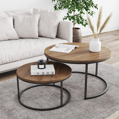 Modern Nesting Coffee Table Set of 2, Round Industrial Wood and Metal Accent Tables, 65x65x45 cm, Stackable Design for Living Room, Powder-Coated Steel Frame, Space-Saving Stylish Home Decor