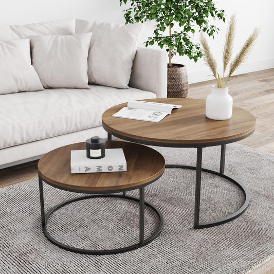 Modern Nesting Coffee Table Set of 2, Round Industrial Wood and Metal Accent Tables, 65x65x45 cm, Stackable Design for Living Room, Powder-Coated Steel Frame, Space-Saving Stylish Home Decor