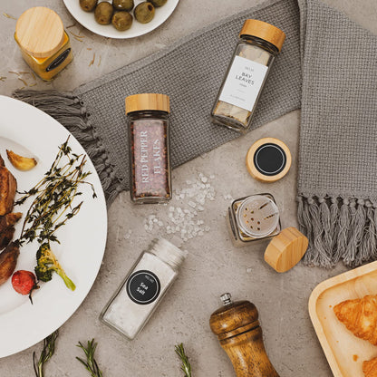 24 Pcs Glass Spice Jars with Bamboo Lids, 4 oz Glass Jars with Minimalist Farmhouse Spice Labels Stickers, Collapsible Funnel, Seasoning Storage Bottles for Spice Rack, Cabinet, Drawer