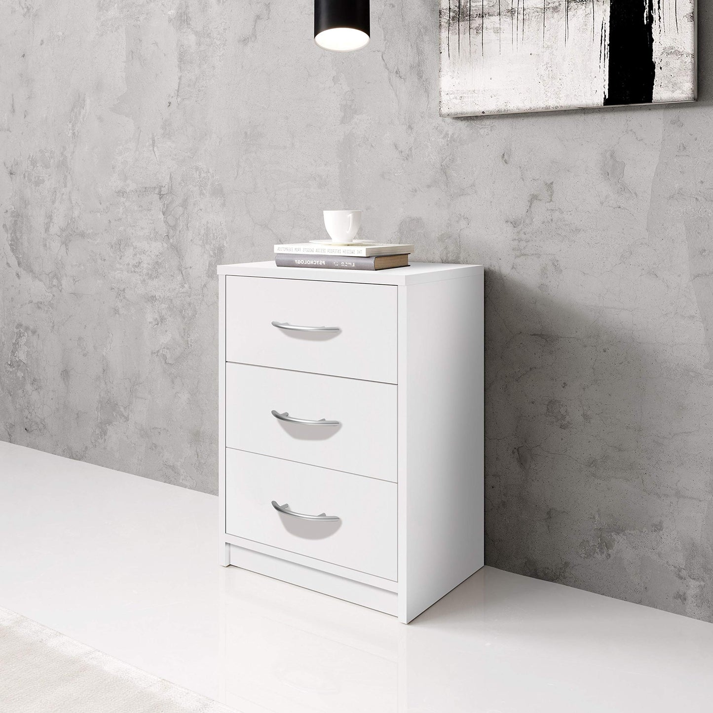 Bedside Table with Three Drawers, a Simple and spacious Bedside Cabinet for any Bedroom, W39 X H54 X D28 cm, presented in a Clean and Classic White Finish