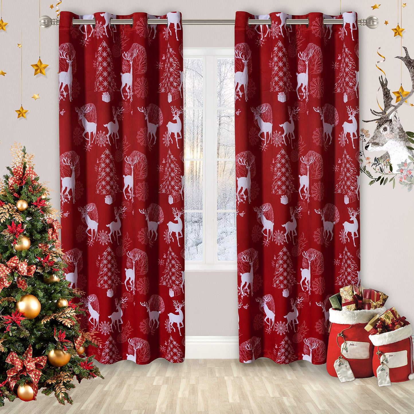 INtex CURTAINS HOUSE Christmas Curtains – Deer & Snow Print Linen Velvet for Living Room & Bedroom - Winter Wonderland Home Decor - Steel Grommets - 1 Piece - 135W x 230L CM