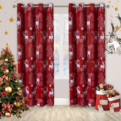 INtex CURTAINS HOUSE Christmas Curtains – Deer & Snow Print Linen Velvet for Living Room & Bedroom - Winter Wonderland Home Decor - Steel Grommets - 1 Piece - 135W x 230L CM