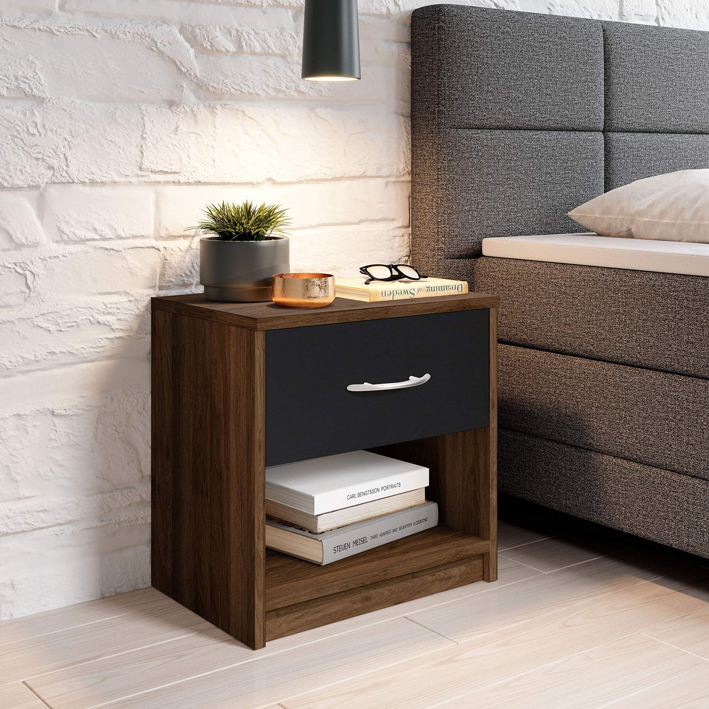 Bedside Table, a Compact Nightstand with an industriaLrustic Design, in Columbia Walnut and Black, measuring W28 X H39 X D41 cm