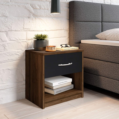 Bedside Table, a Compact Nightstand with an industriaLrustic Design, in Columbia Walnut and Black, measuring W28 X H39 X D41 cm