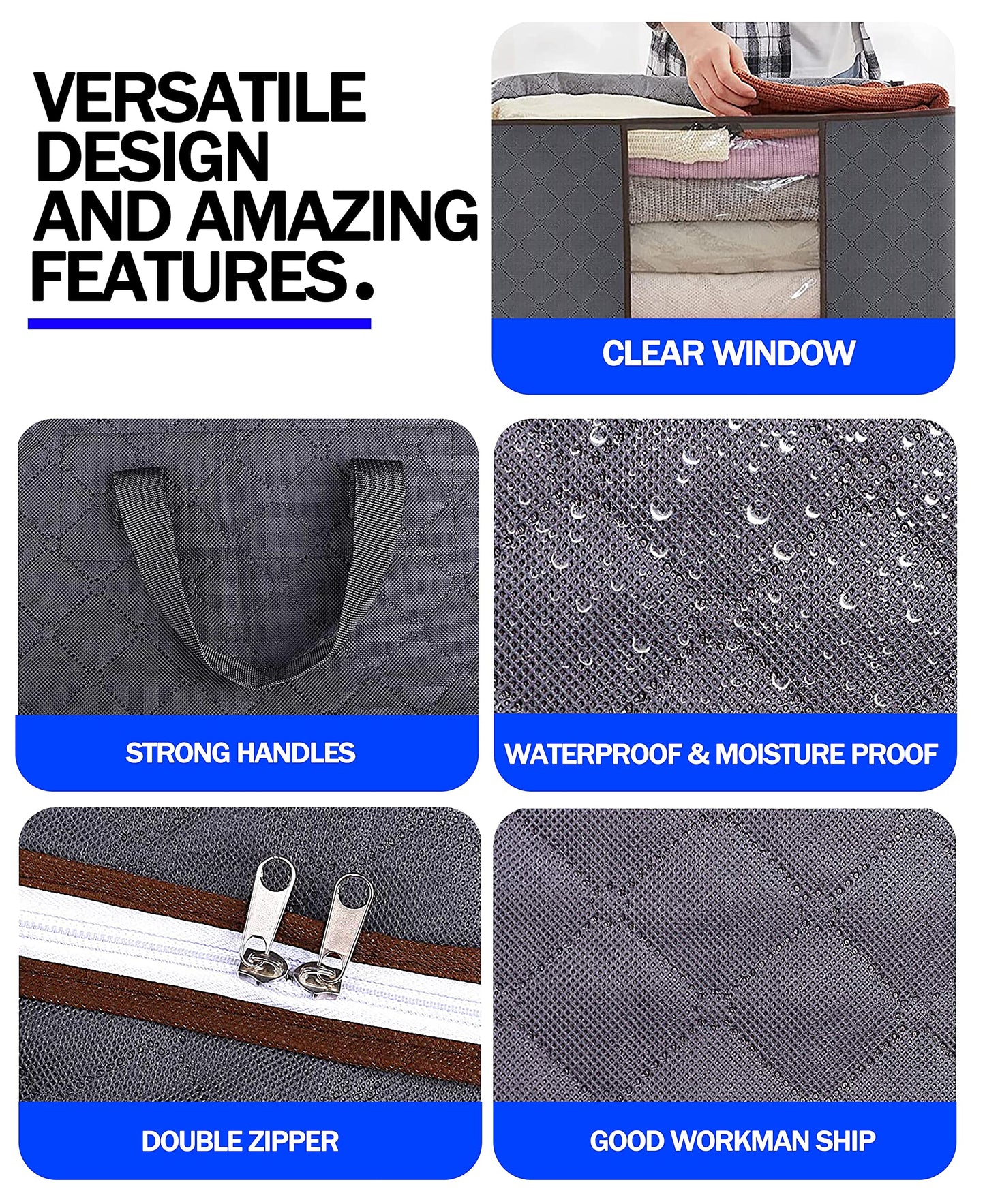 GVTECH Clothes Storage Bag Organizer, [3 Pack] Large Capacity Reinforced Handle Thick Fabric for Comforters, Blankets, Bedding, Duvet, Foldable & Sturdy Zipper, Clear Window, Under Bed Storage (Grey)