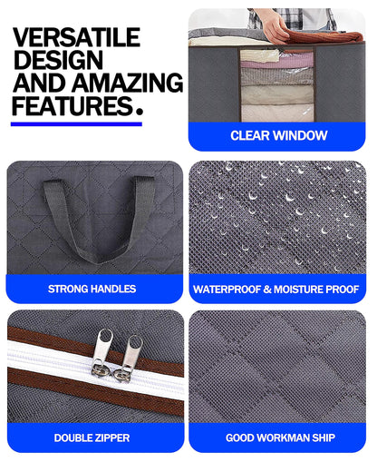 GVTECH Clothes Storage Bag Organizer, [3 Pack] Large Capacity Reinforced Handle Thick Fabric for Comforters, Blankets, Bedding, Duvet, Foldable & Sturdy Zipper, Clear Window, Under Bed Storage (Grey)